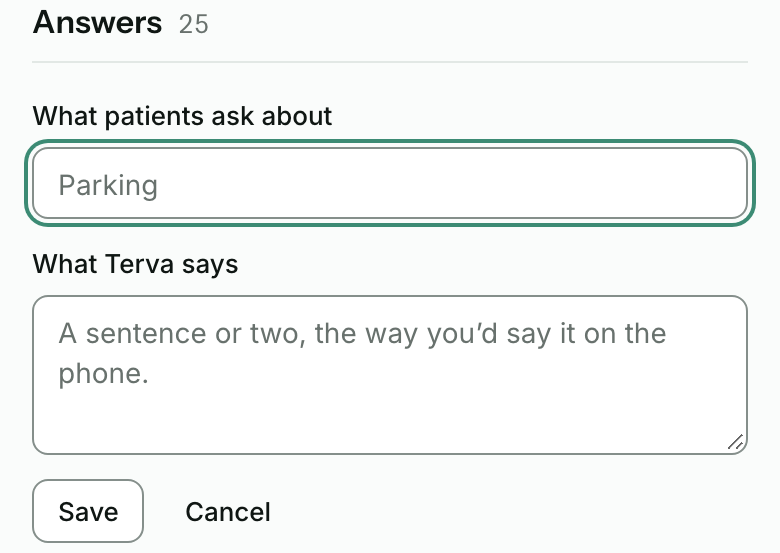 A new answer open on the Knowledge page, with empty fields for What patients ask about and What Terva says, then Save and Cancel.