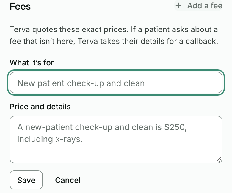 A new fee open under Fees, with fields for What it’s for and Price and details, then Save and Cancel.