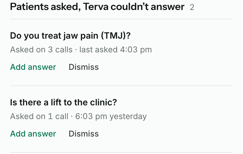 Patients asked, Terva couldn’t answer: Do you treat jaw pain (TMJ)?, asked on 3 calls, and Is there a lift to the clinic?, asked on 1 call. Each has Add answer and Dismiss.