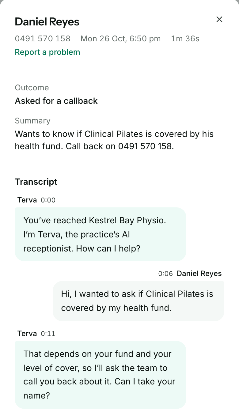 A call open in Calls: Daniel Reyes, 1 minute 36 seconds. Outcome, Asked for a callback, a one-line Summary, then the Transcript, starting with Terva saying it’s the practice’s AI receptionist.