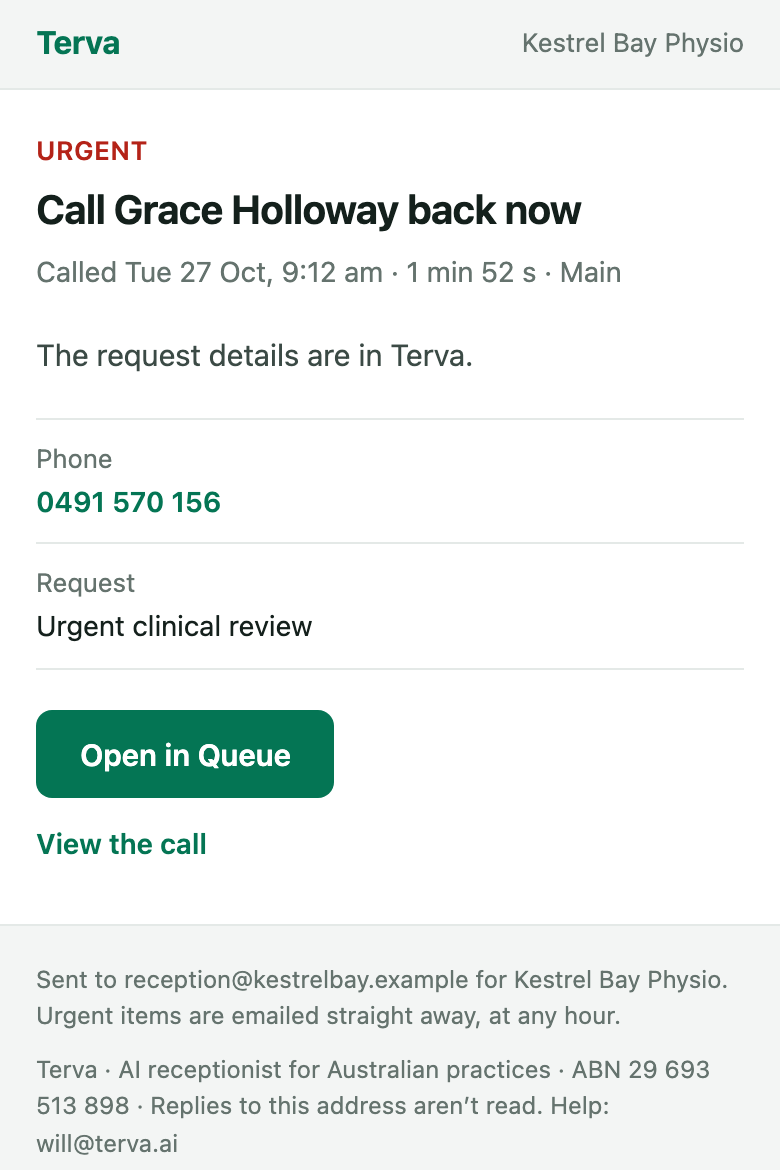 An urgent email from Terva: Call Grace Holloway back now, called Tue 27 Oct at 9:12 am. The request details are in Terva. Phone 0491 570 156, Request Urgent clinical review, and an Open in Queue button.