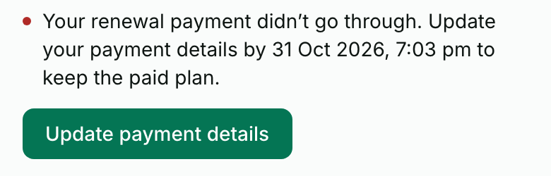 The Plan page after a failed renewal: Your renewal payment didn’t go through. Update your payment details by 31 Oct 2026, 7:03 pm to keep the paid plan. A green Update payment details button below.
