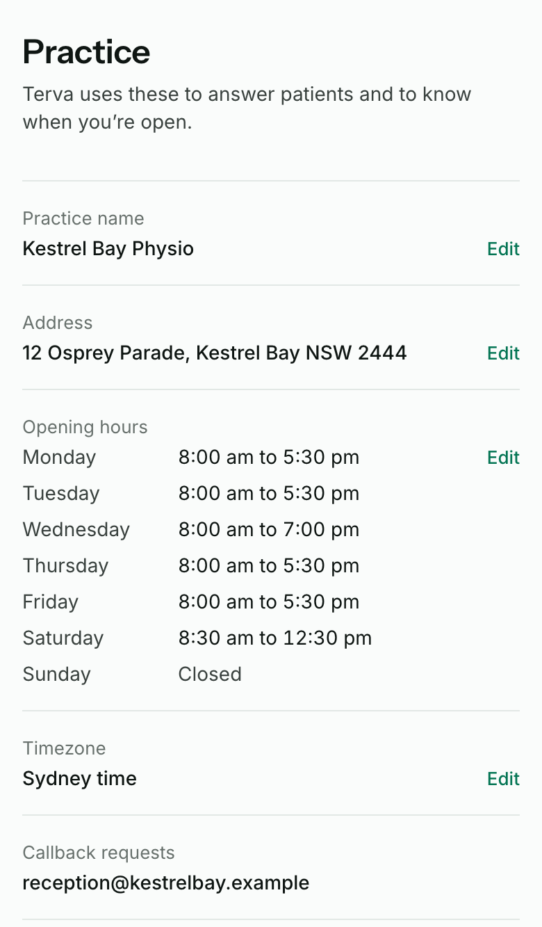 The Practice page: Kestrel Bay Physio, its address, opening hours for each day, Sydney time and the callback requests email, each fact with Edit.