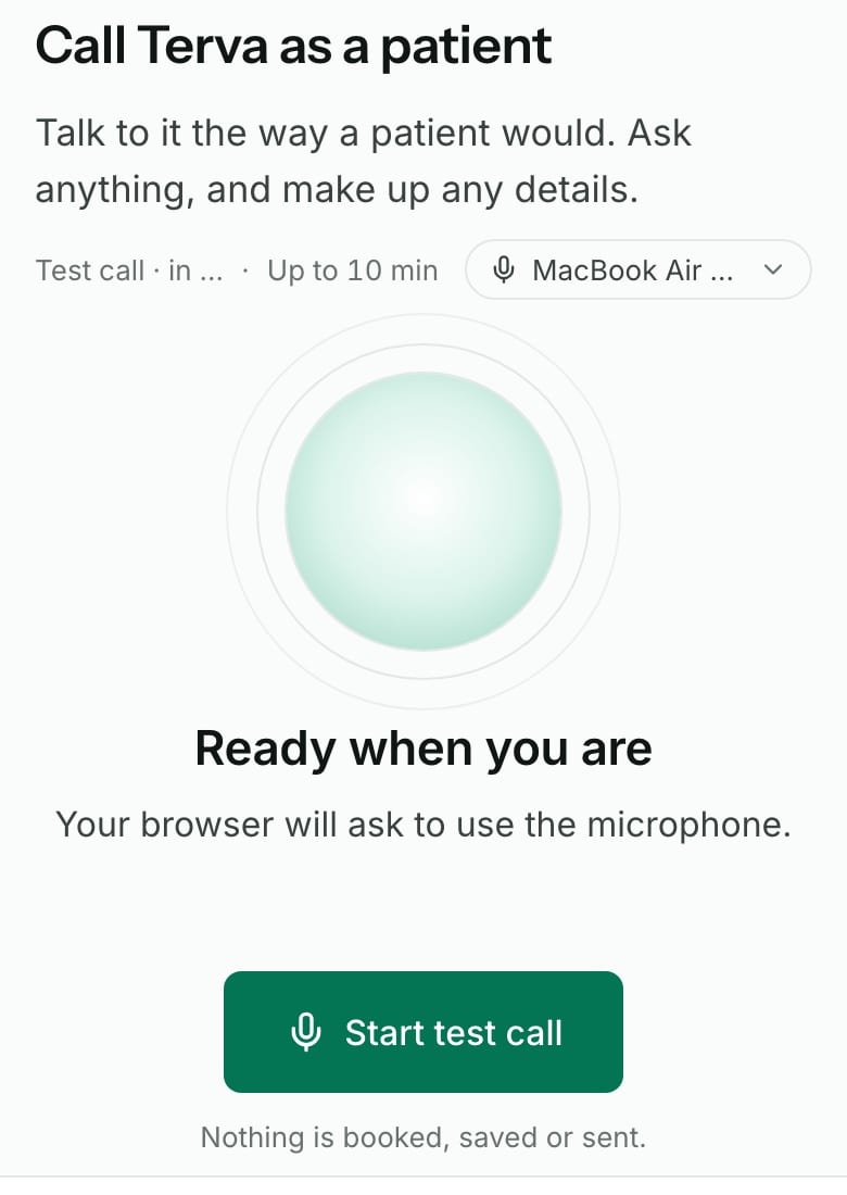 The test call page: Call Terva as a patient, then Ready when you are, and a green Start test call button.